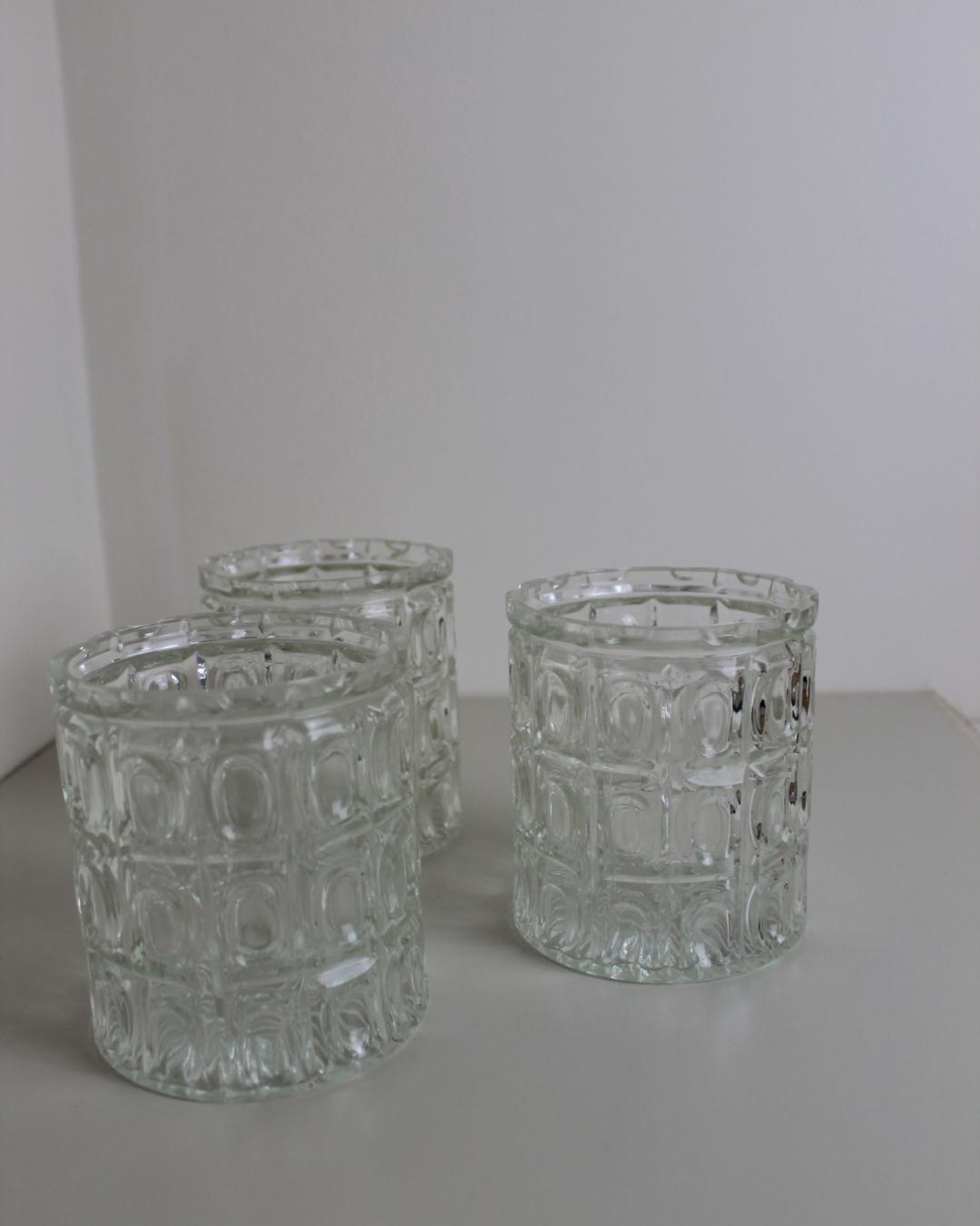 Trio of Vintage Pressed Glass Light Shades – Brutalist Grid Pattern Cylinders, 1960s - The Estate