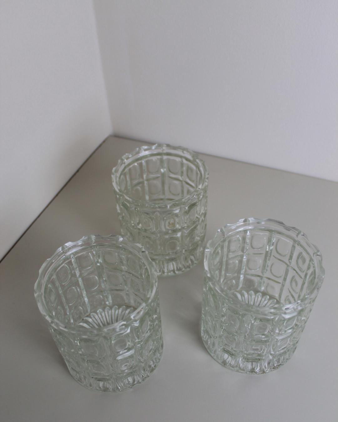 Trio of Vintage Pressed Glass Light Shades – Brutalist Grid Pattern Cylinders, 1960s - The Estate