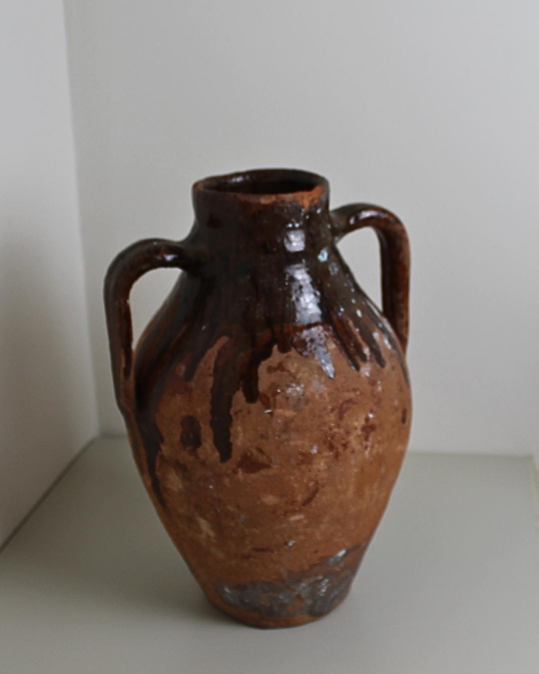 Spanish Terracotta Olive Jar with Manganese Drip Glaze – Antique Two-Handled Amphora, 35 cm Rustic F - The Estate