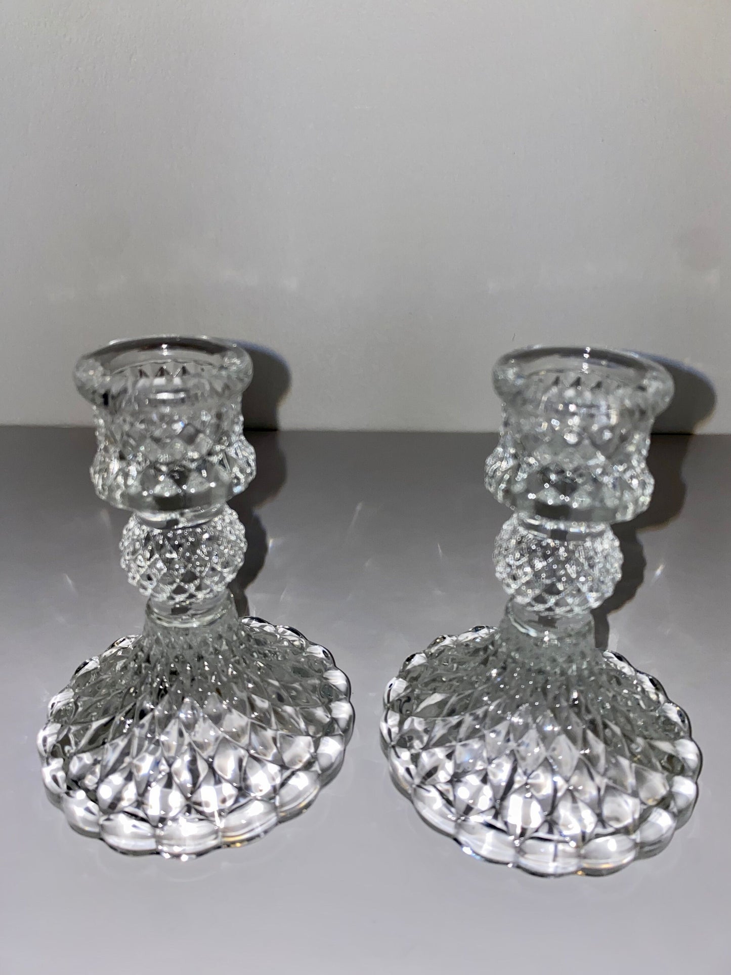 Pressed Glass Diamond-Point Candlestick Holders, Mid-Century Pair - The Estate