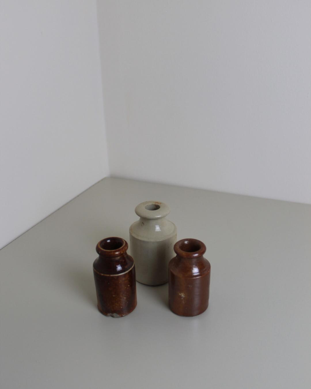 Set of 3 Antique Stoneware Ink Bottles – Rustic English Glazed Mini Jars, 19th–20th C - The Estate