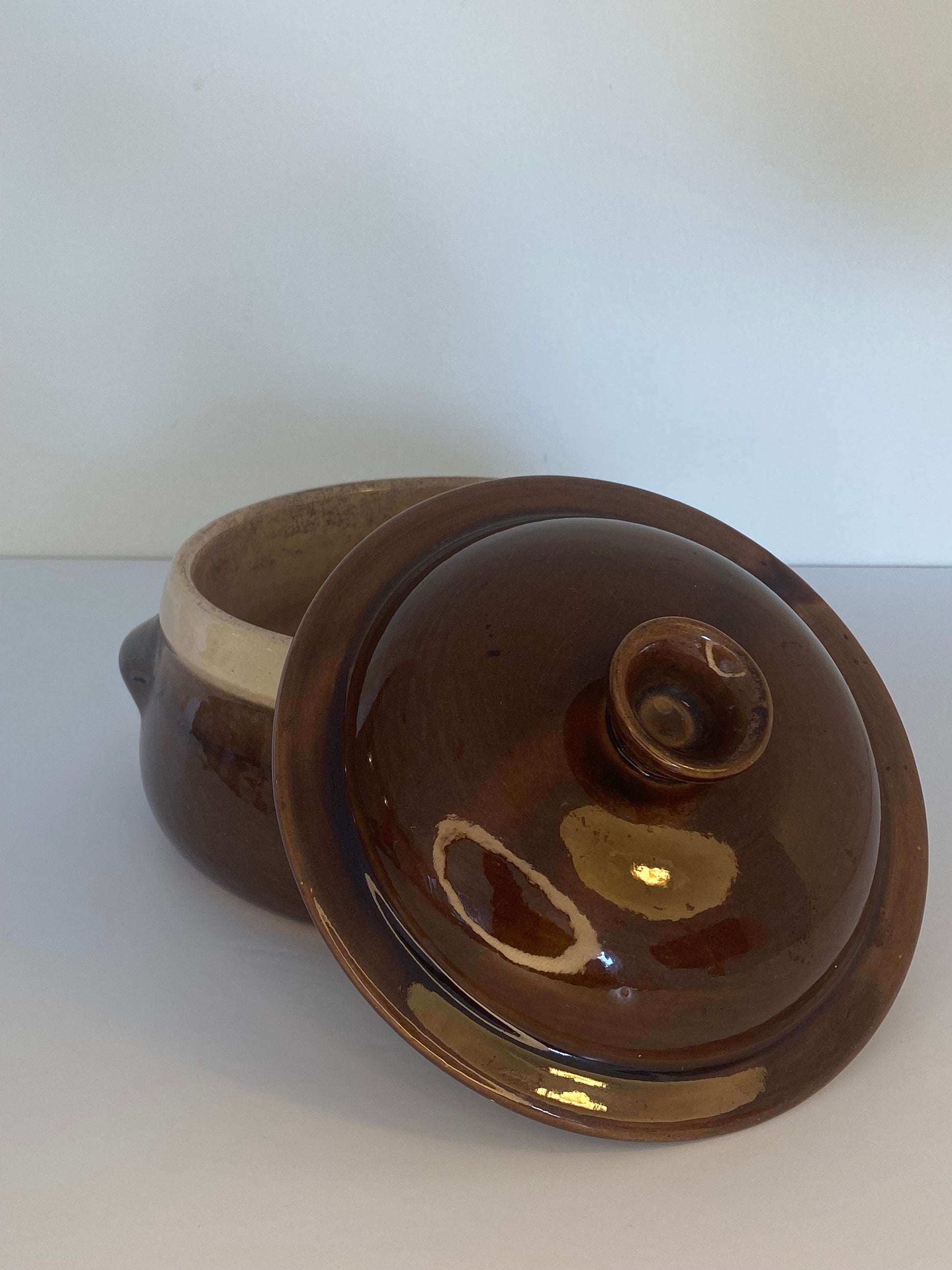 Vintage Brown Glazed Stoneware Lidded Bean Pot | Rustic Mid-Century Cookware - The Estate