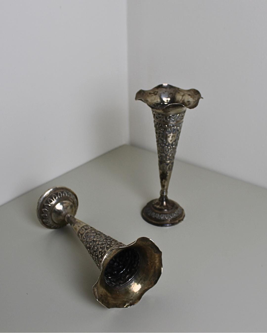 Edwardian-Style Silver-Plated Repoussé Trumpet Bud Vases with Scalloped Rims – Pair, c.1900s - The Estate