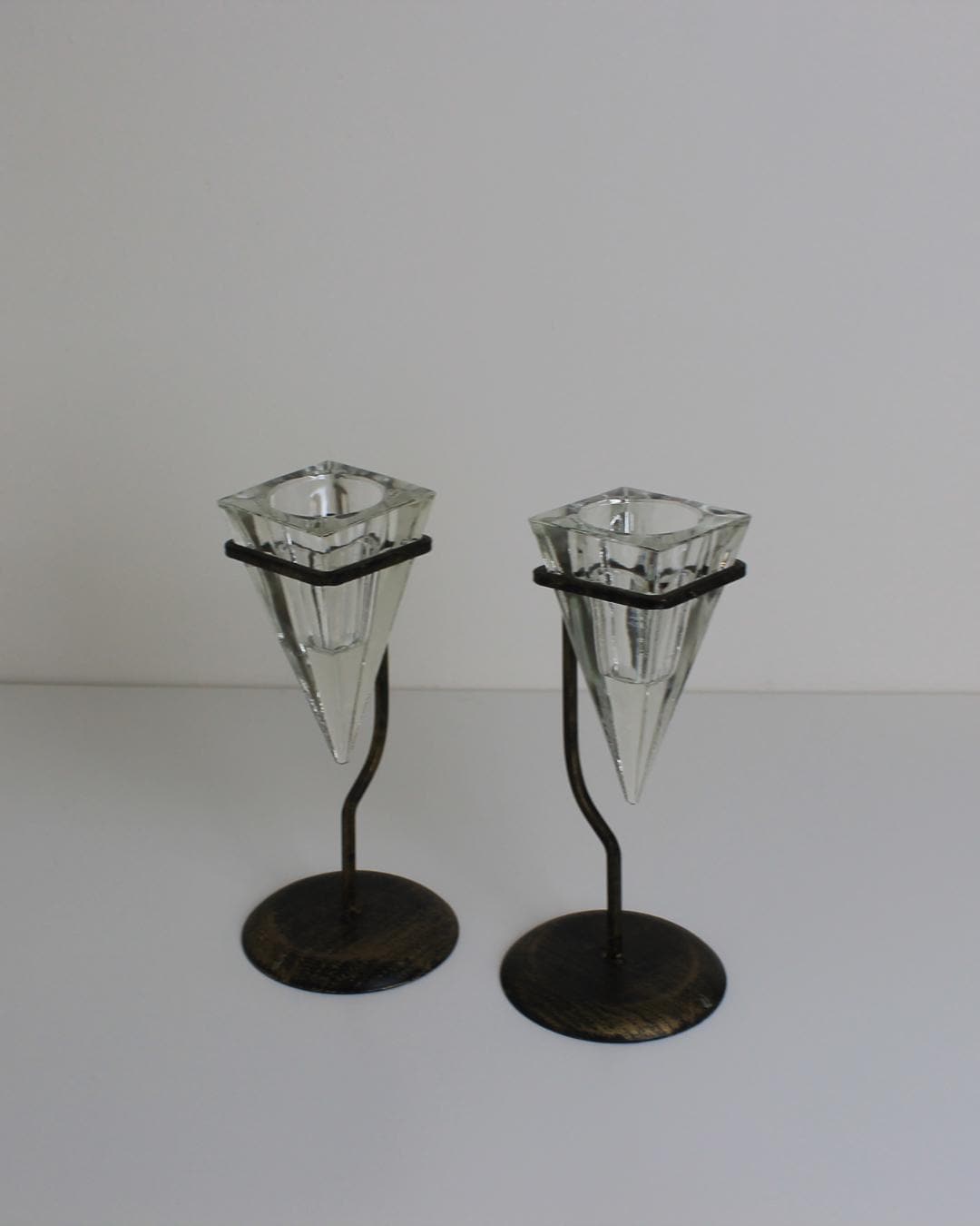 Pair of Conical Glass & Metal Candle Holders – Modernist Geometric Design - The Estate