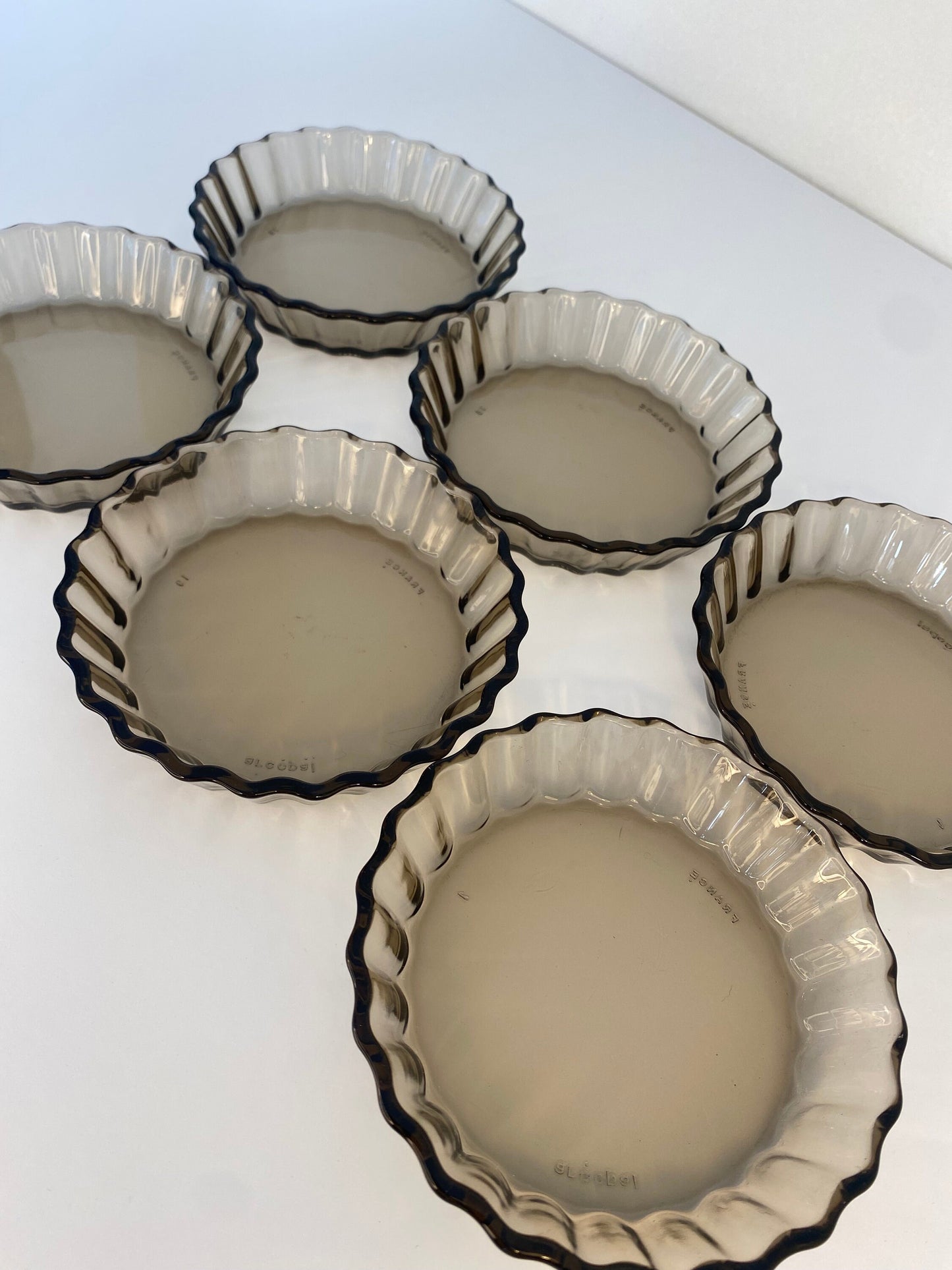 Set of 6 Arcopal Smoked Glass Tartlet Dishes, French 1970s Flan Bakeware - The Estate