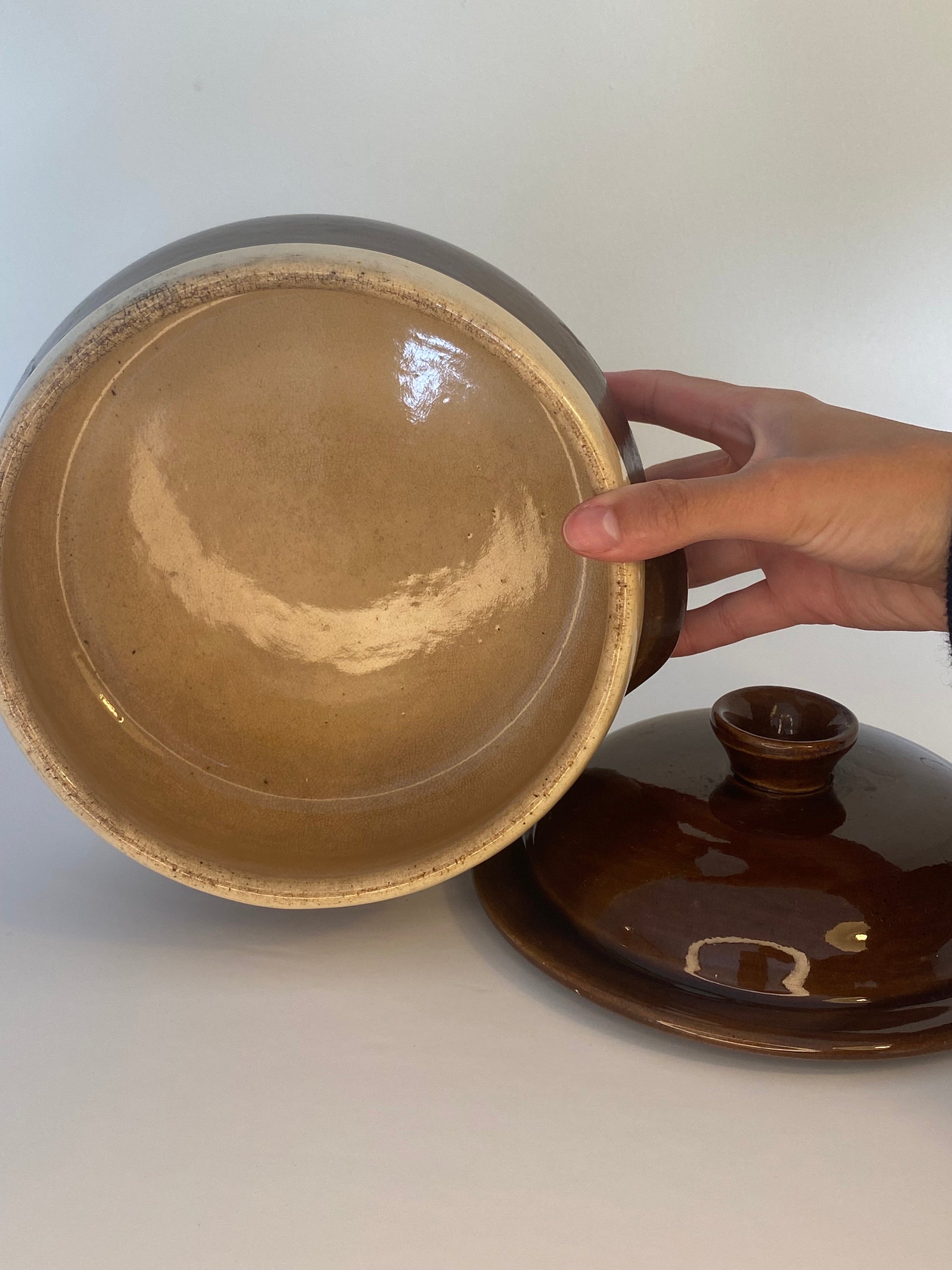 Vintage Brown Glazed Stoneware Lidded Bean Pot | Rustic Mid-Century Cookware - The Estate