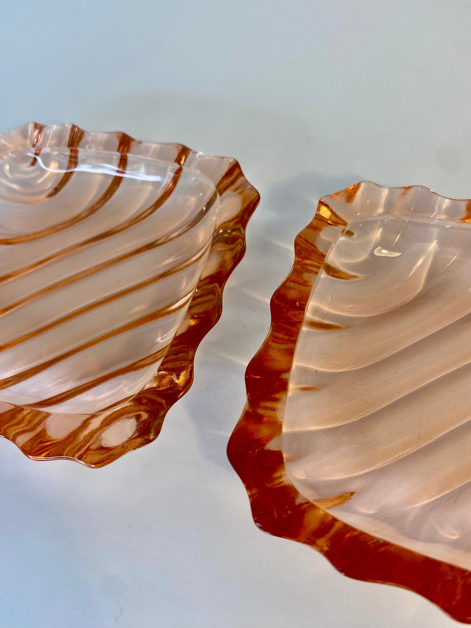 Pair of Pink Pressed Glass Trinket Dishes with Scalloped Edges, Art Deco Style - The Estate
