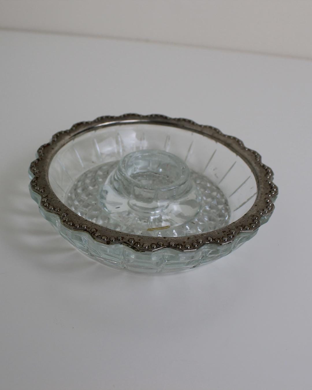 Pressed Glass Candleholder with Scalloped Metal Rim – Mid-Century - The Estate