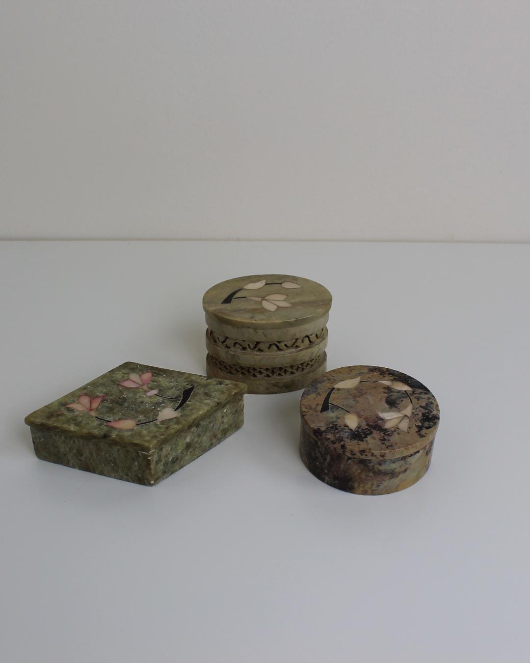 Set of 3 Indian Soapstone Trinket Boxes with Floral Inlay - The Estate