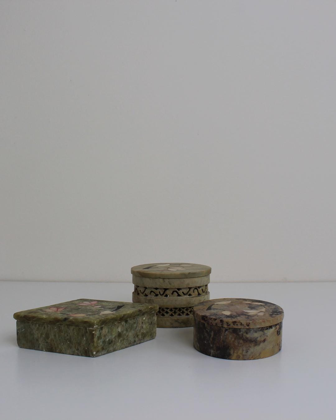 Set of 3 Indian Soapstone Trinket Boxes with Floral Inlay - The Estate