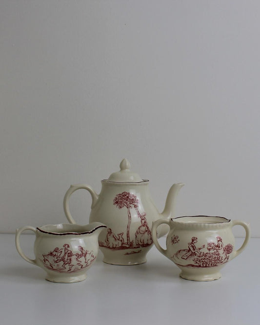 Staffordshire Potteries Red Transferware Teapot, Jug & Sugar Bowl Set – Mid-Century English - The Estate
