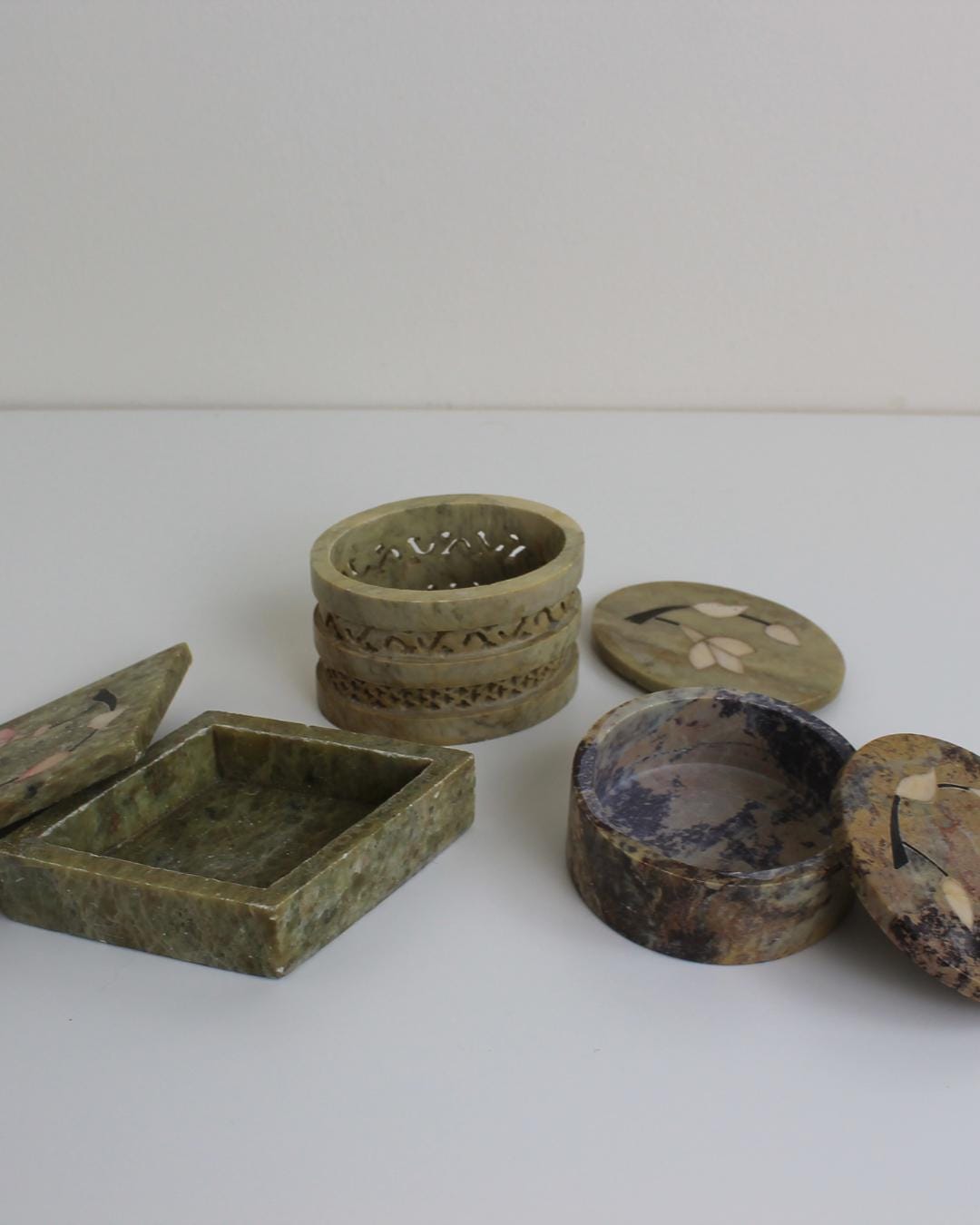 Set of 3 Indian Soapstone Trinket Boxes with Floral Inlay - The Estate