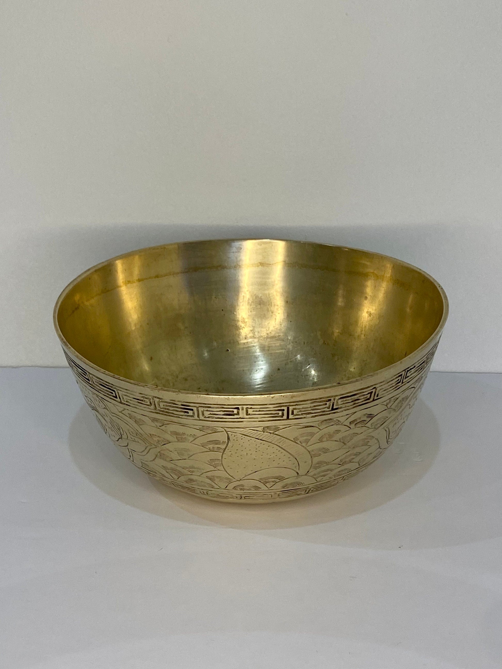 Mid-Century Chinese Solid Brass Etched Bowl with Dragon & Phoenix Motif - The Estate