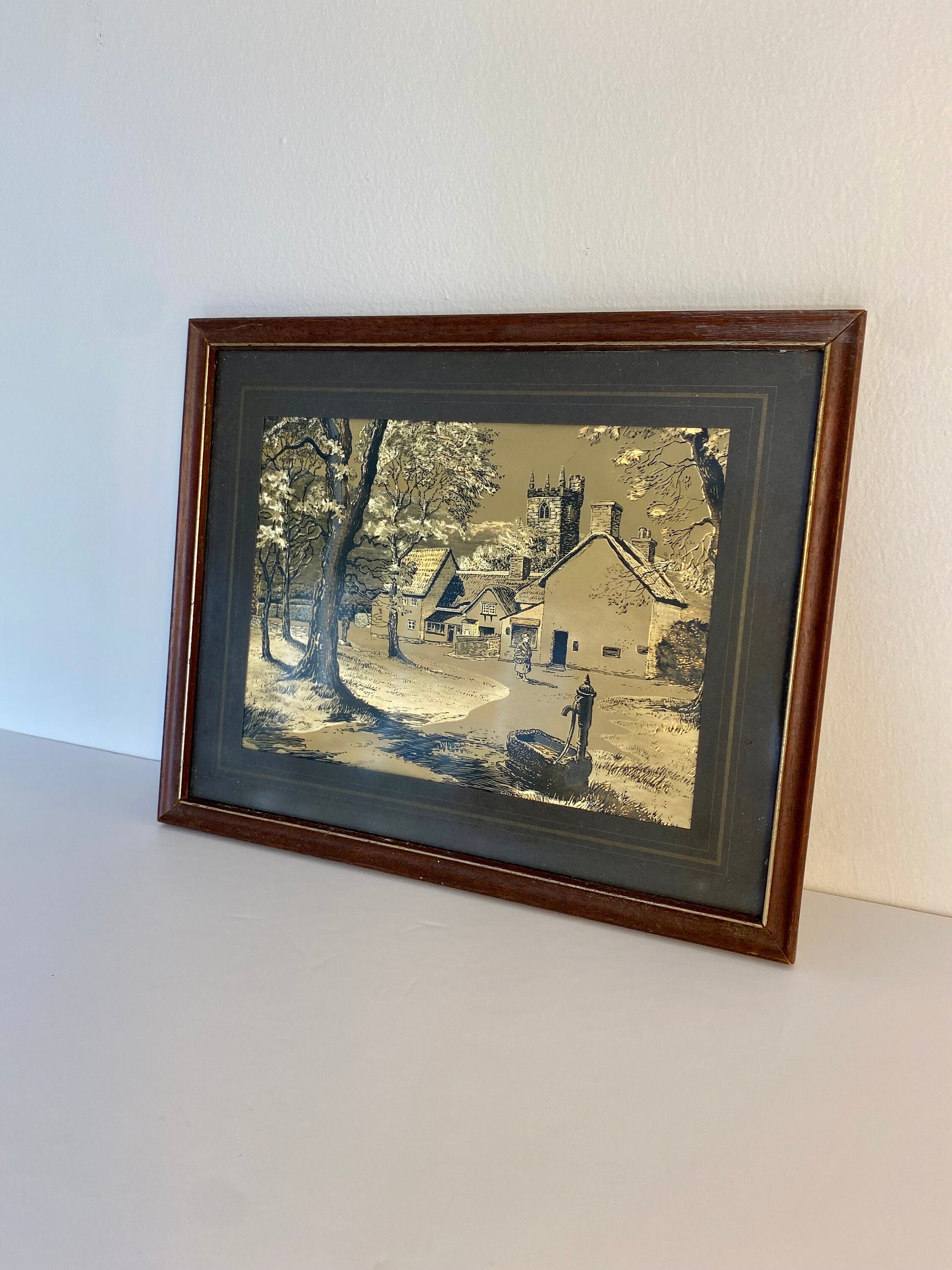 Vintage Framed Etched Foil Art of English Village Scene, 1950s–70s - The Estate