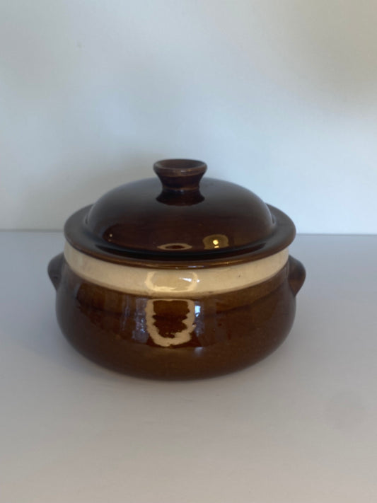 Vintage Brown Glazed Stoneware Lidded Bean Pot | Rustic Mid-Century Cookware - The Estate