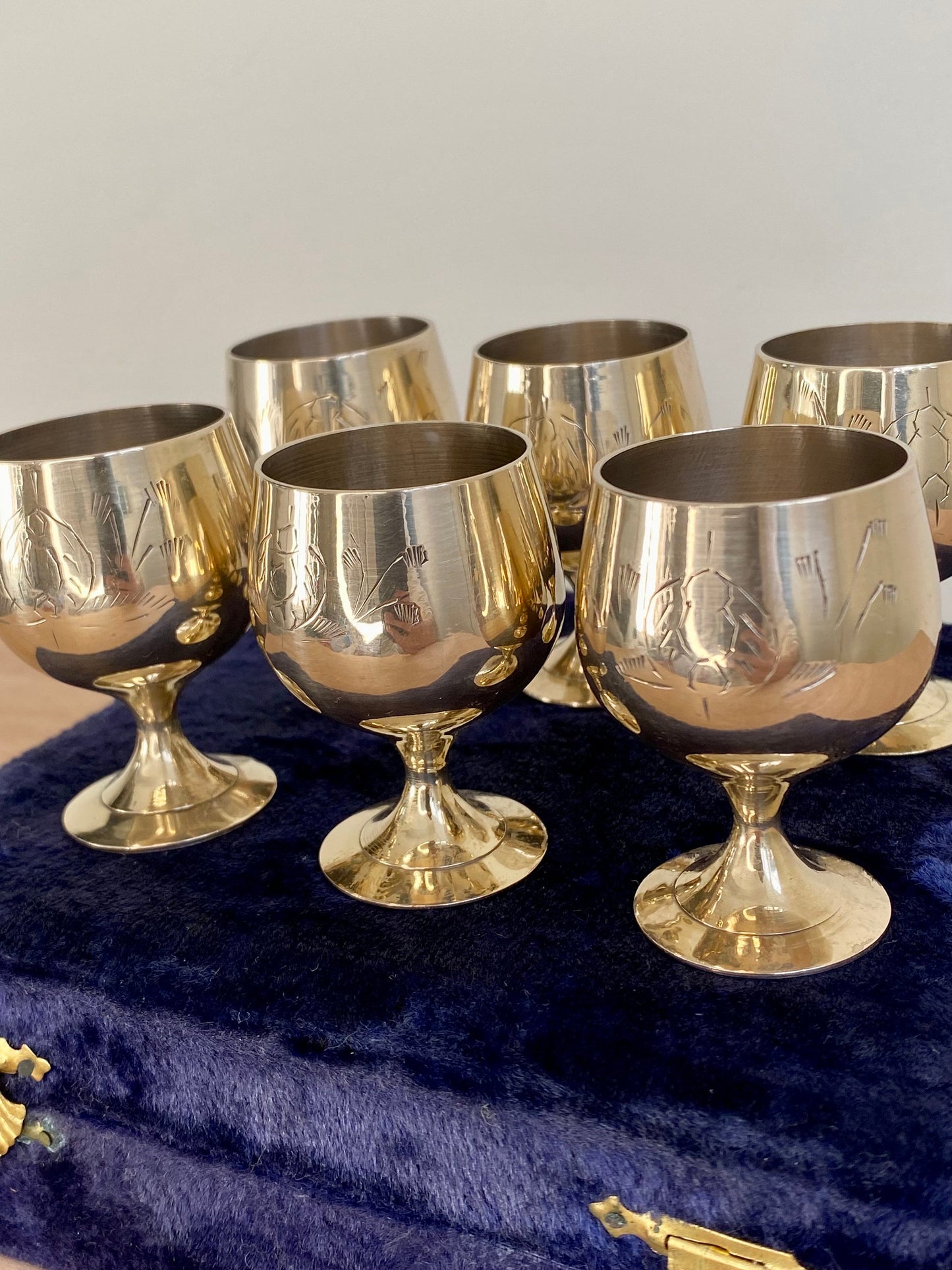Vintage Brass Goblets (Set of 6) with Velvet Case – Etched Liqueur Cups – Mid-Ce - The Estate