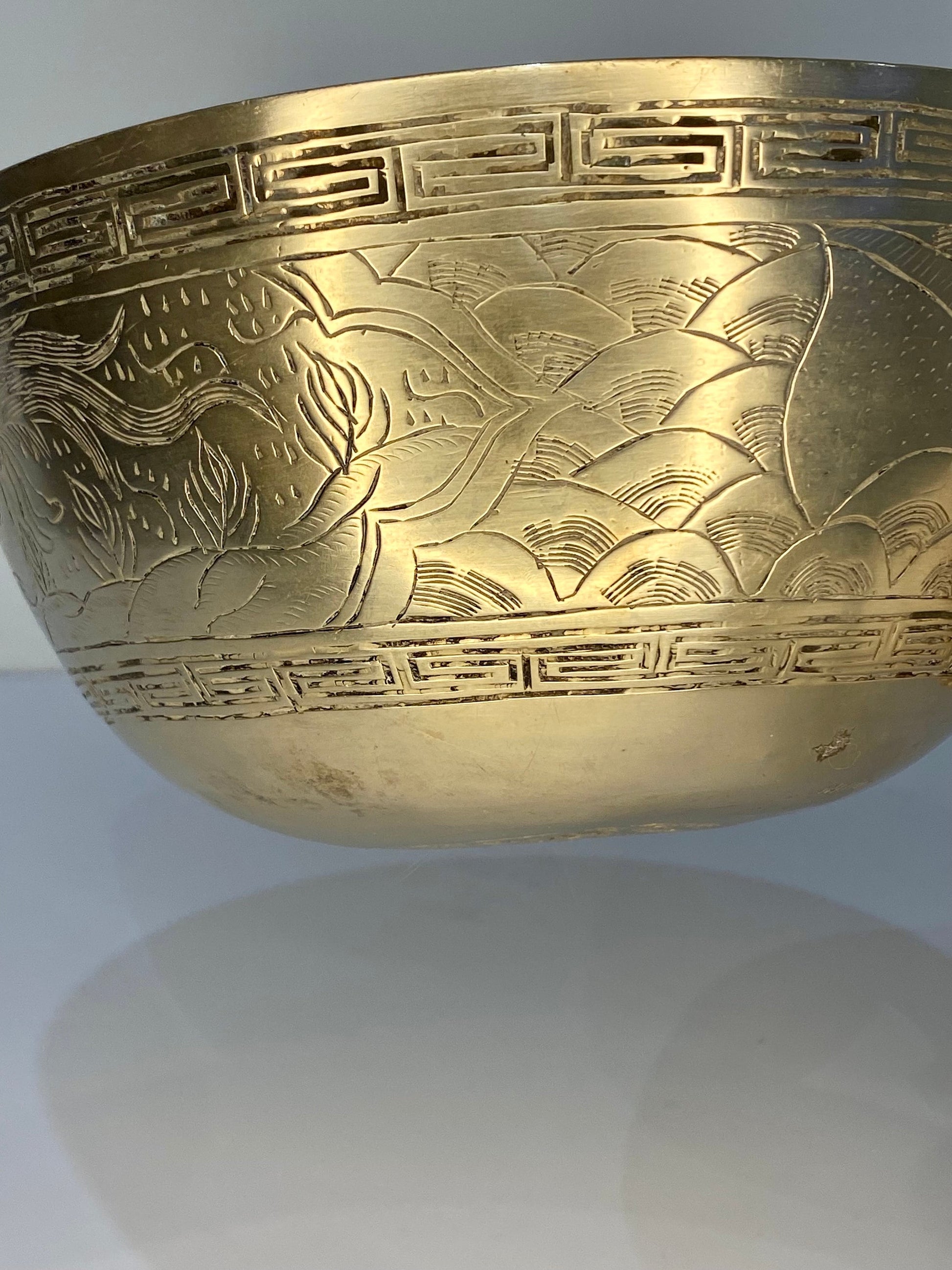 Mid-Century Chinese Solid Brass Etched Bowl with Dragon & Phoenix Motif - The Estate