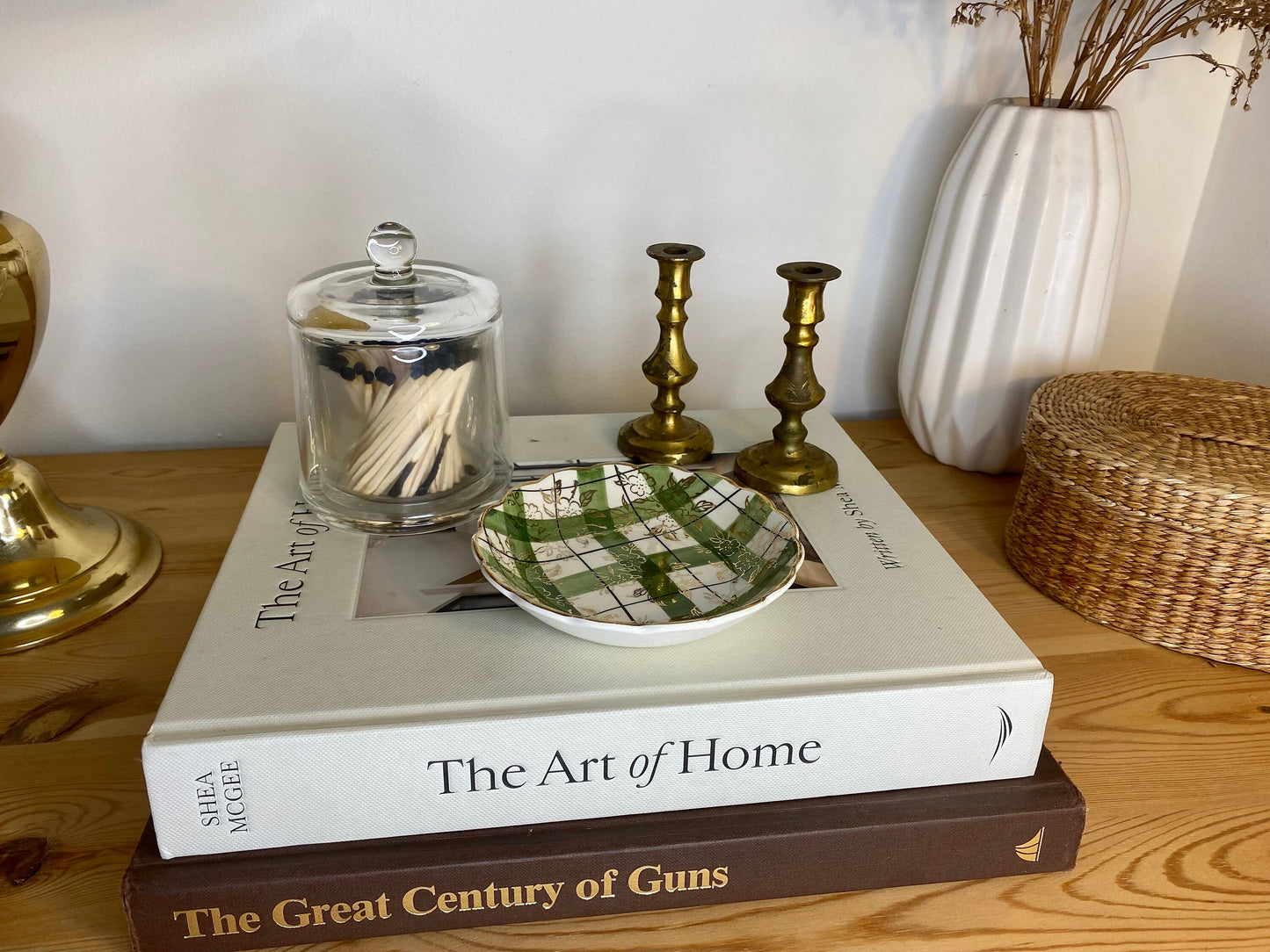 Vintage Japanese Saucer – Green Plaid & Floral Overlay – Gold Rim – GRAMA Mark – - The Estate