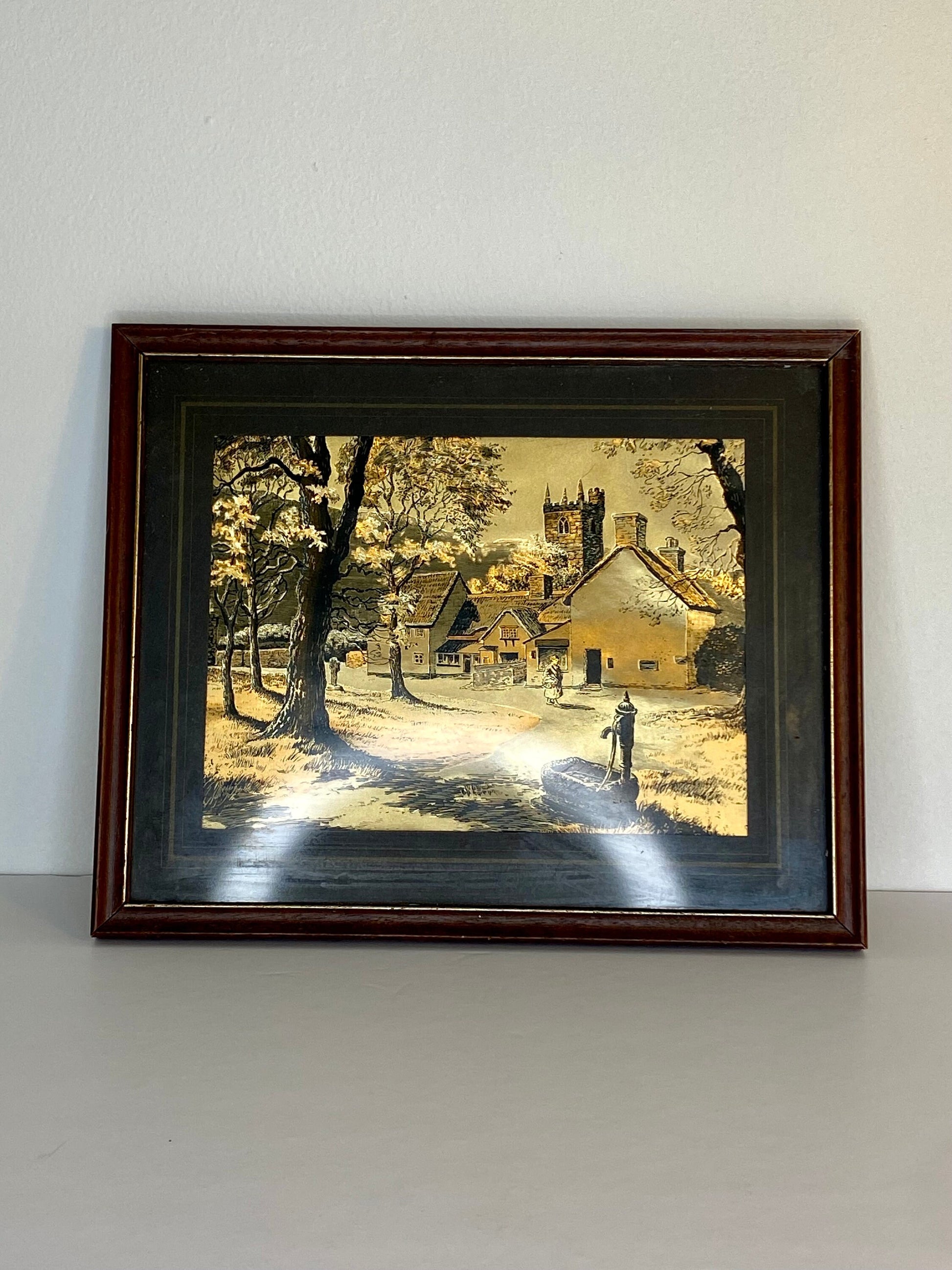 Vintage Framed Etched Foil Art of English Village Scene, 1950s–70s - The Estate