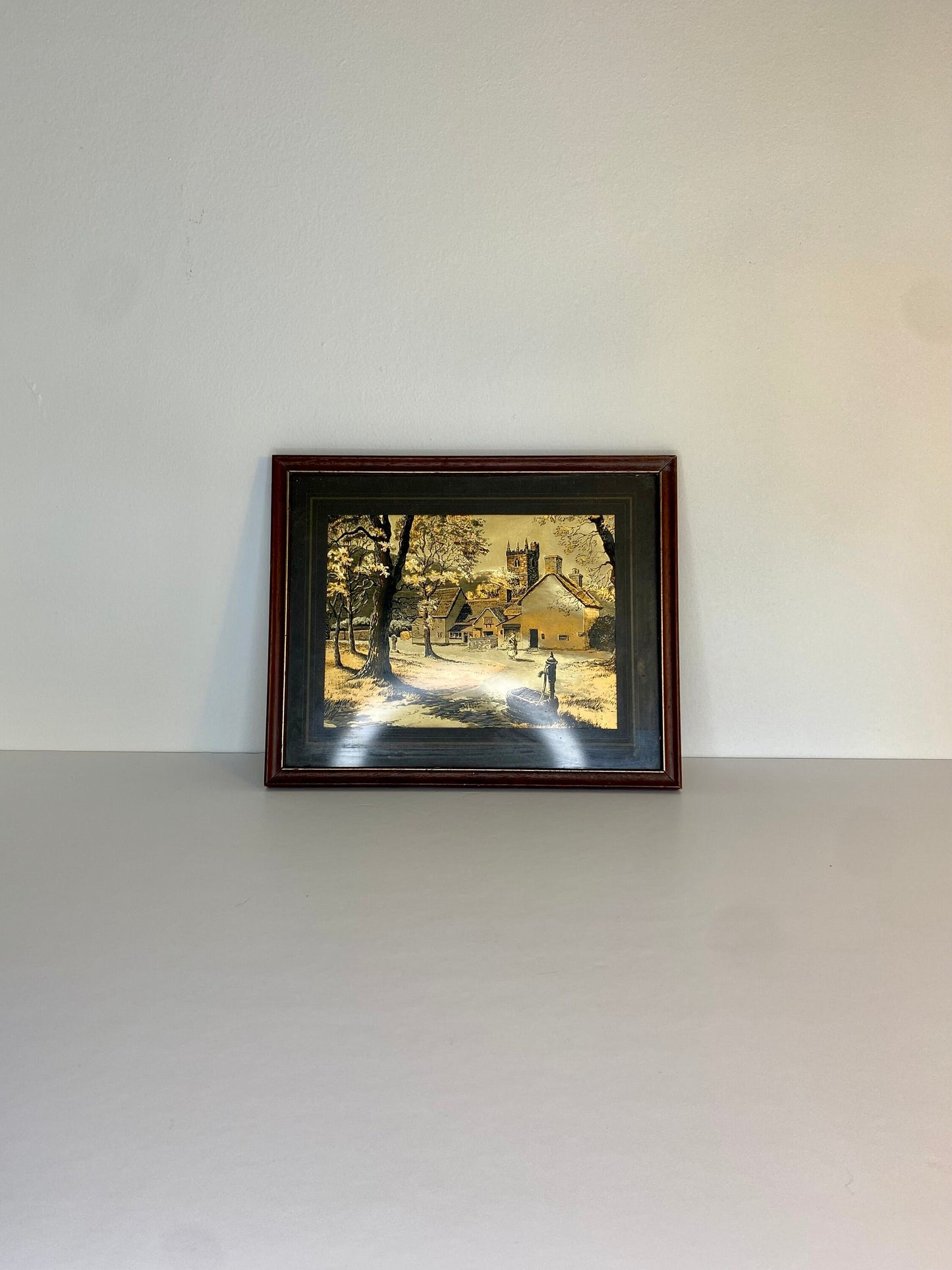 Vintage Framed Etched Foil Art of English Village Scene, 1950s–70s - The Estate