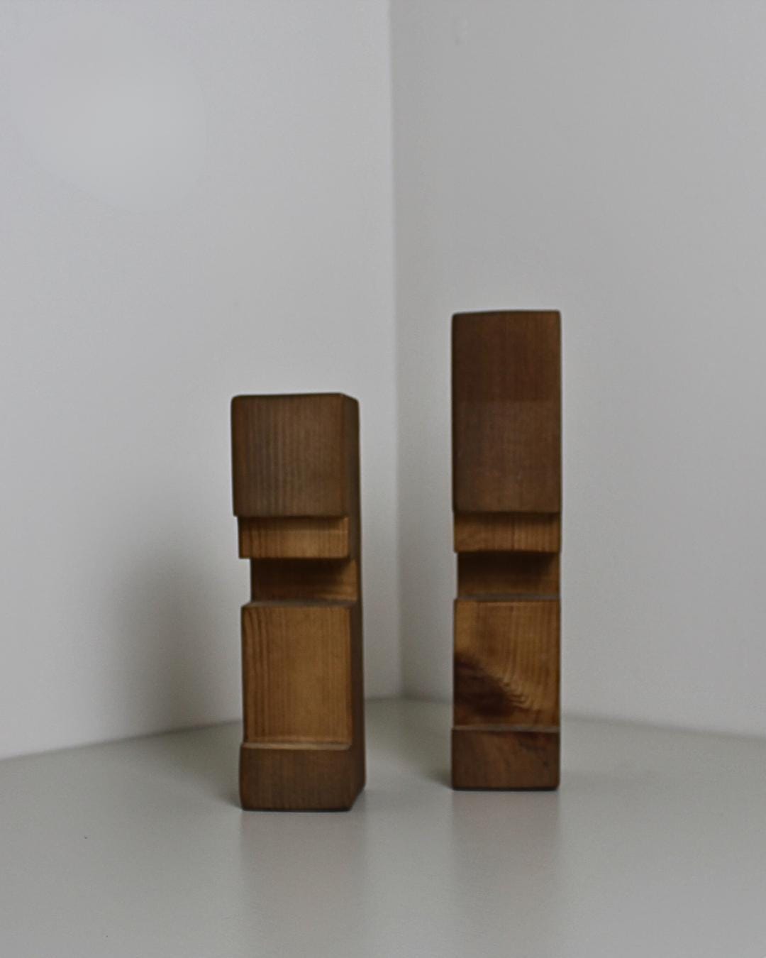 Scandinavian Brutalist Pine Tea-Light Holders — Geometric Stepped Totem Pair, Sweden 1960s-70s, Soli - The Estate