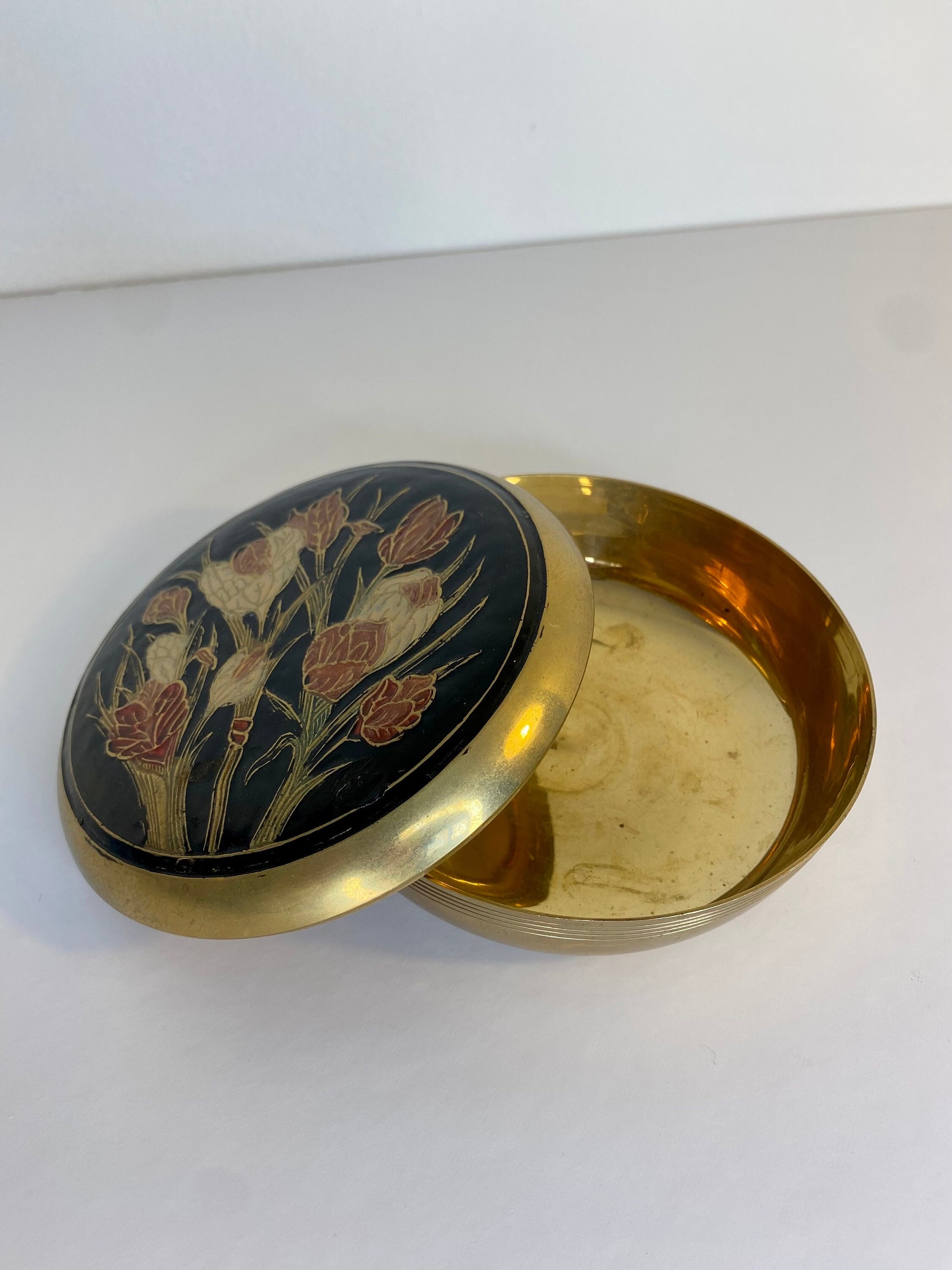 Mid-Century Floral Brass Trinket Box with Enamel Inlay, Indian 1960s - The Estate