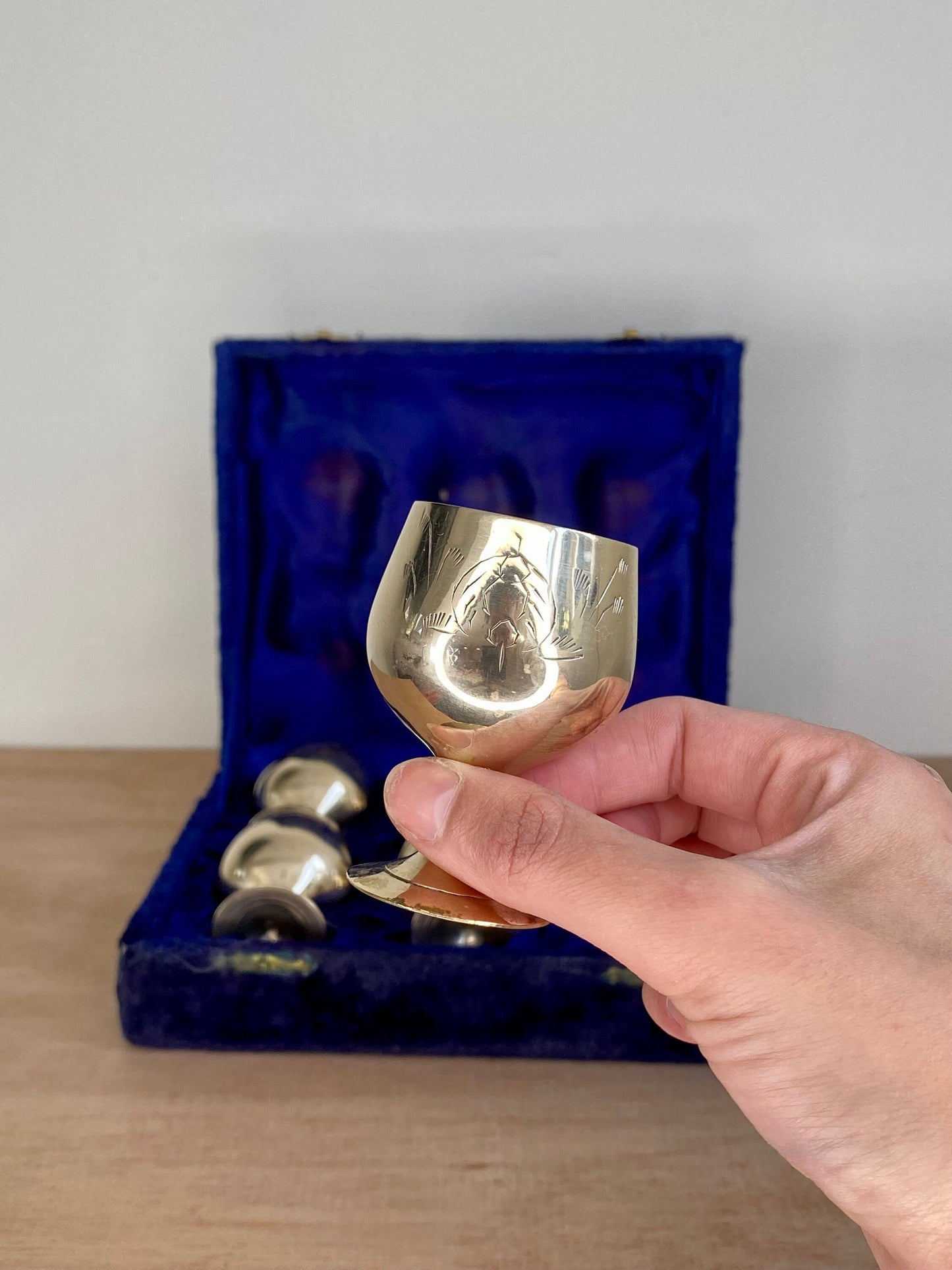 Vintage Brass Goblets (Set of 6) with Velvet Case – Etched Liqueur Cups – Mid-Ce - The Estate
