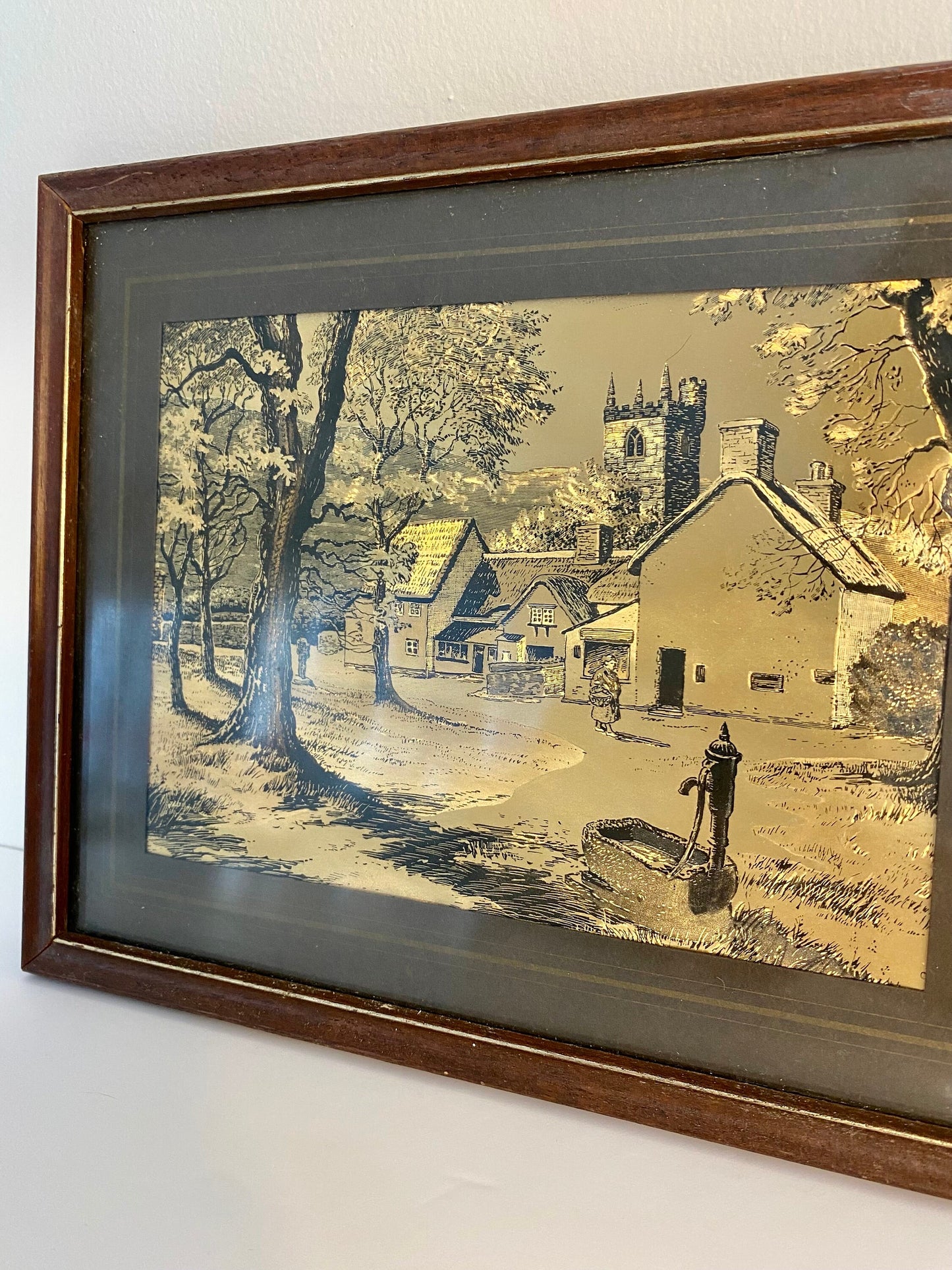 Vintage Framed Etched Foil Art of English Village Scene, 1950s–70s - The Estate