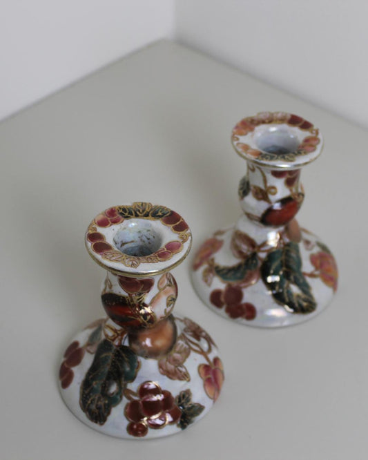 Kutani Japanese Lustreware Candlesticks – Hand-Painted Plum & Gold Enamel Pair, 1950s, 10 cm - The Estate
