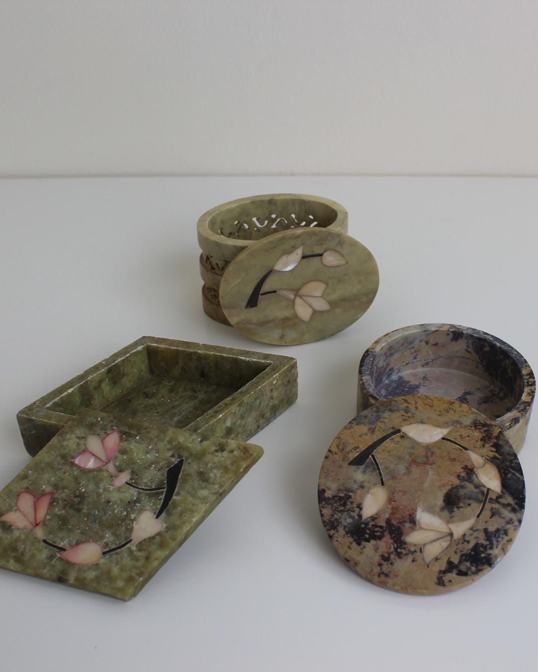 Set of 3 Indian Soapstone Trinket Boxes with Floral Inlay - The Estate