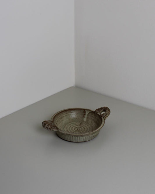 Rustic Stoneware Tapas Dish with Scroll Handles – British Studio Pottery, 1970s Earth-Tone Glaze - The Estate