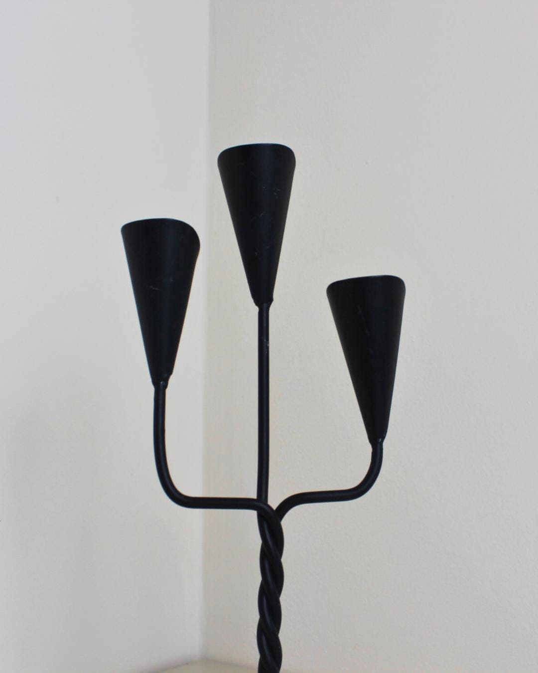 Brutalist Forged Iron Three-Arm Candle Holder, Twisted Stem, 1960s–80s - The Estate