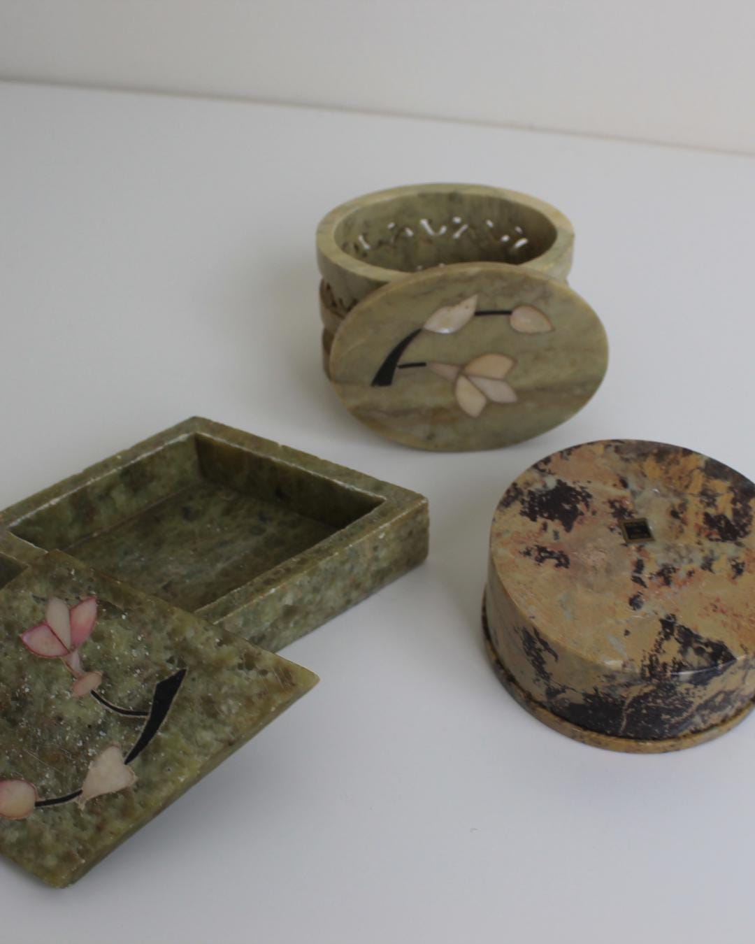 Set of 3 Indian Soapstone Trinket Boxes with Floral Inlay - The Estate