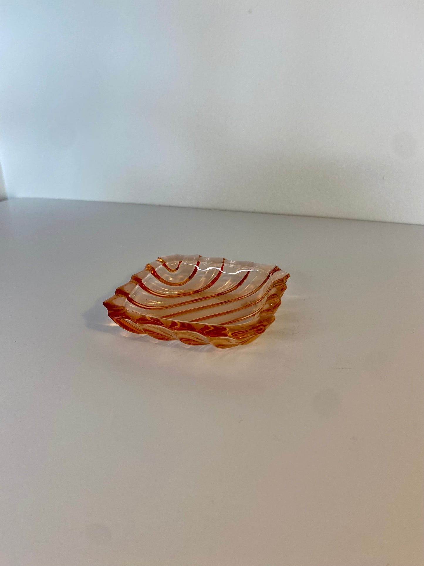 Pair of Pink Pressed Glass Trinket Dishes with Scalloped Edges, Art Deco Style - The Estate