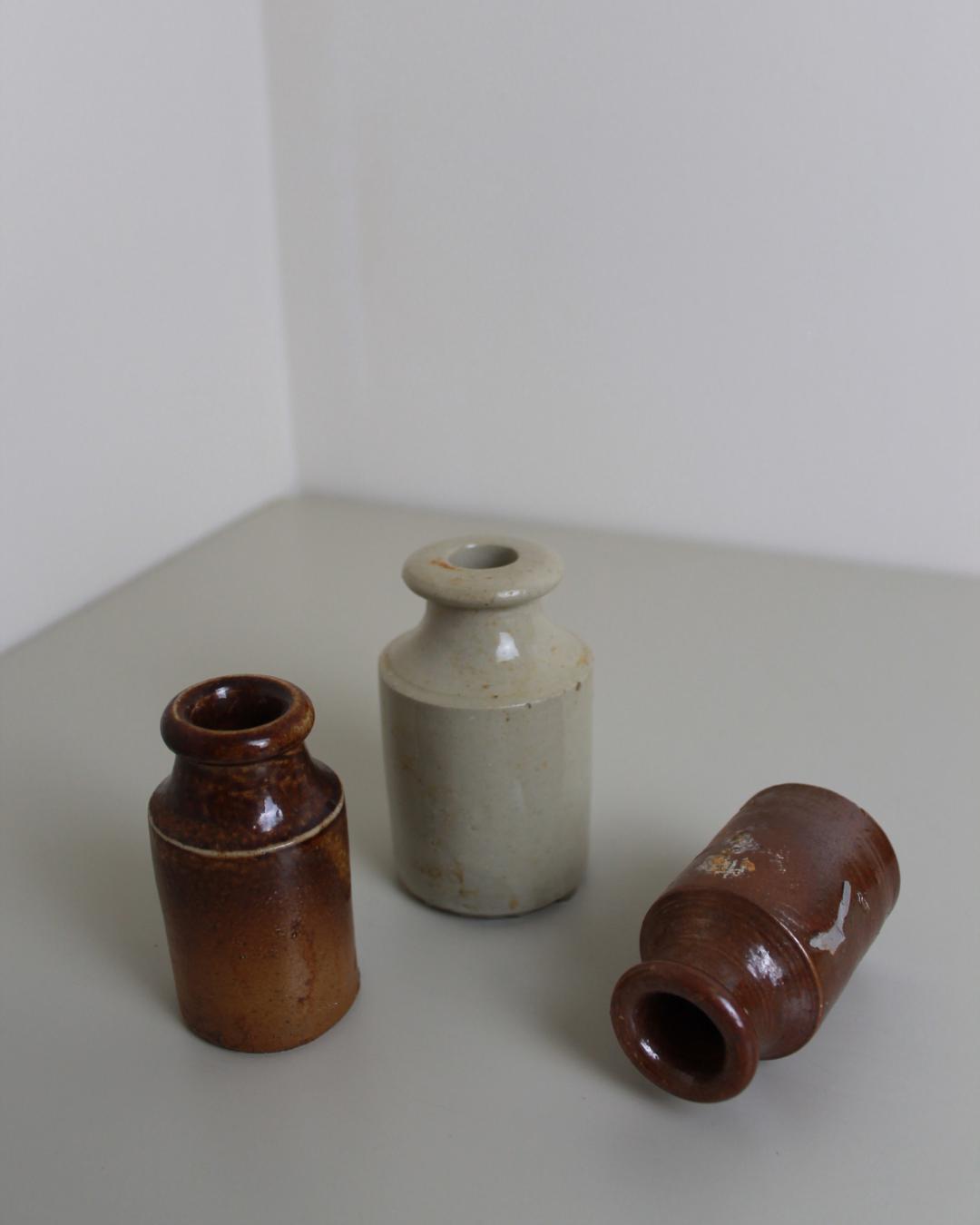 Set of 3 Antique Stoneware Ink Bottles – Rustic English Glazed Mini Jars, 19th–20th C - The Estate
