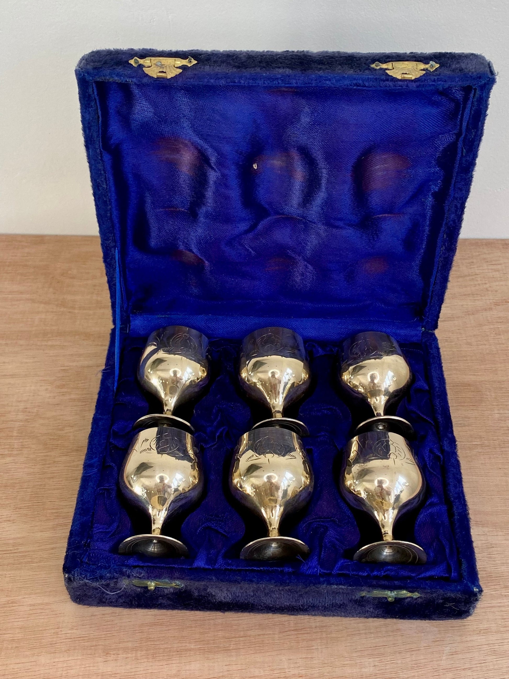 Vintage Brass Goblets (Set of 6) with Velvet Case – Etched Liqueur Cups – Mid-Ce - The Estate