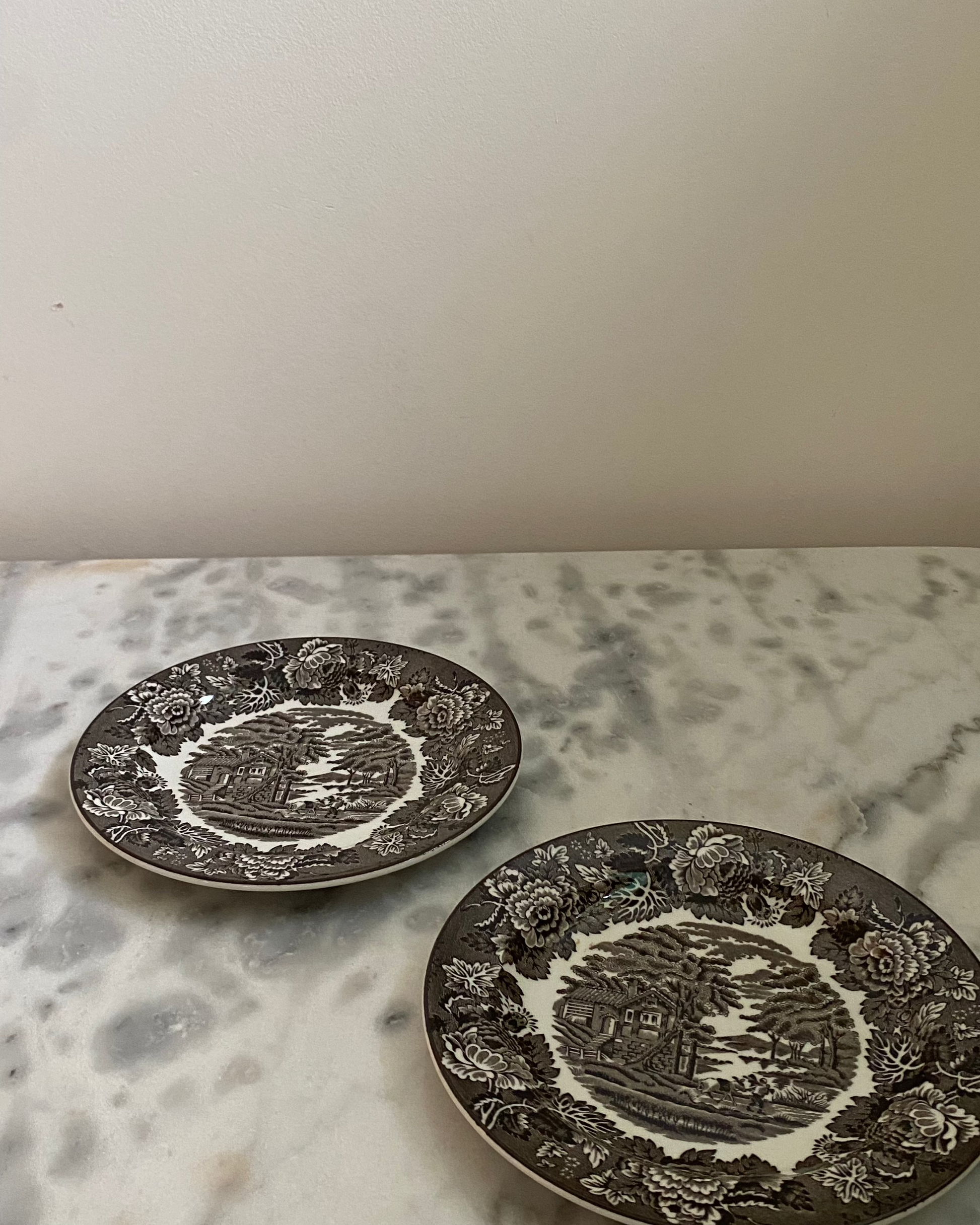 Pair of Vintage Ironstone Side Plates with Brown Transferware Design - The Estate