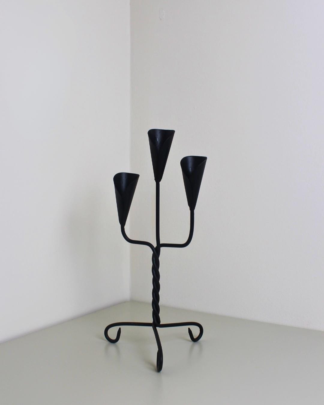 Brutalist Forged Iron Three-Arm Candle Holder, Twisted Stem, 1960s–80s - The Estate