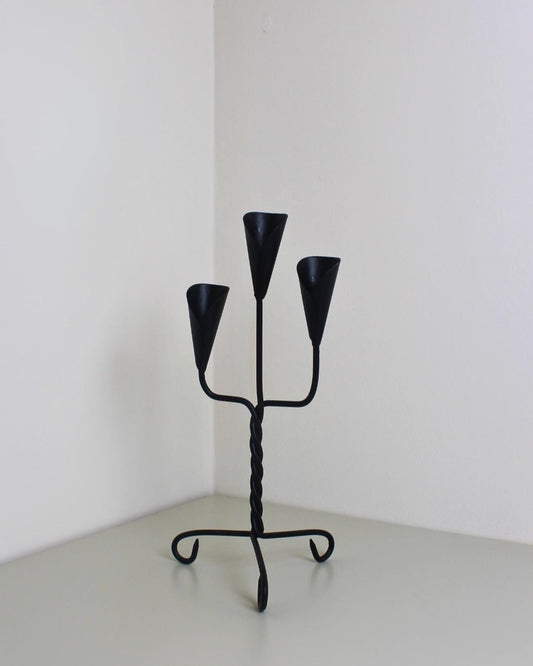 Brutalist Forged Iron Three-Arm Candle Holder, Twisted Stem, 1960s–80s - The Estate
