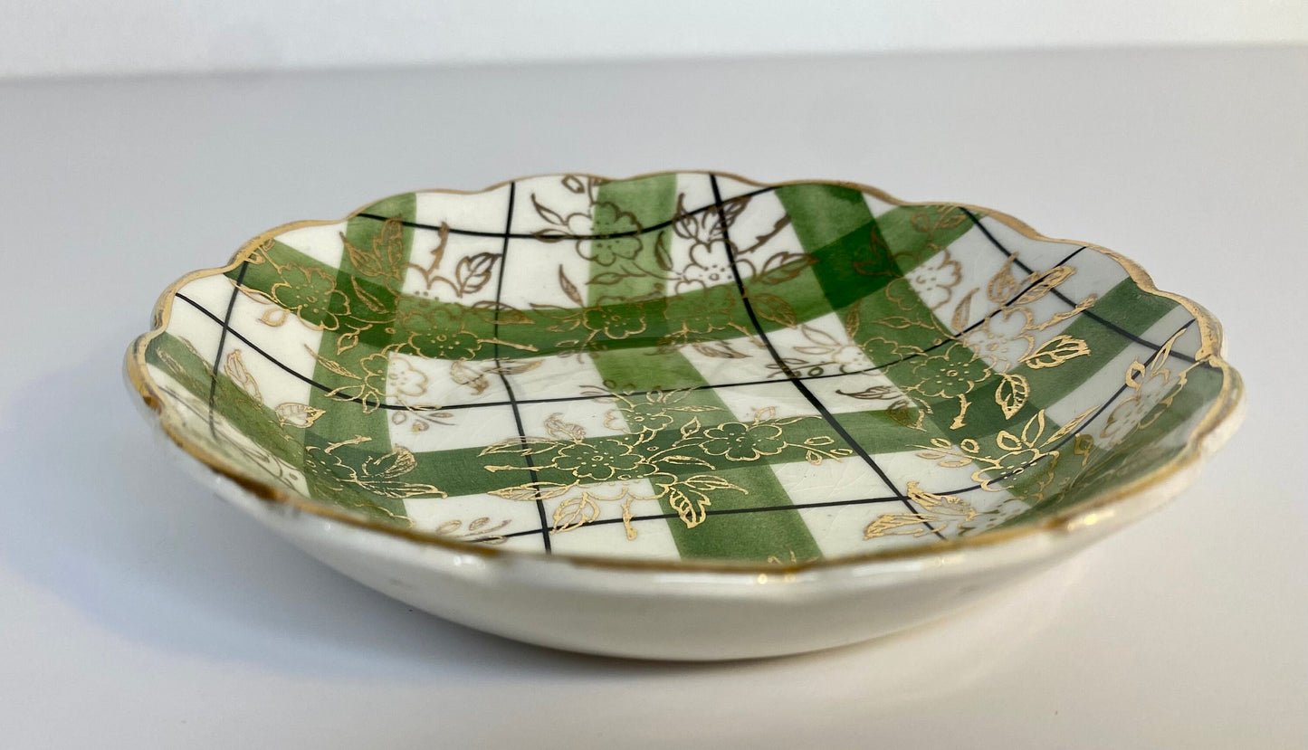 Vintage Japanese Saucer – Green Plaid & Floral Overlay – Gold Rim – GRAMA Mark – - The Estate