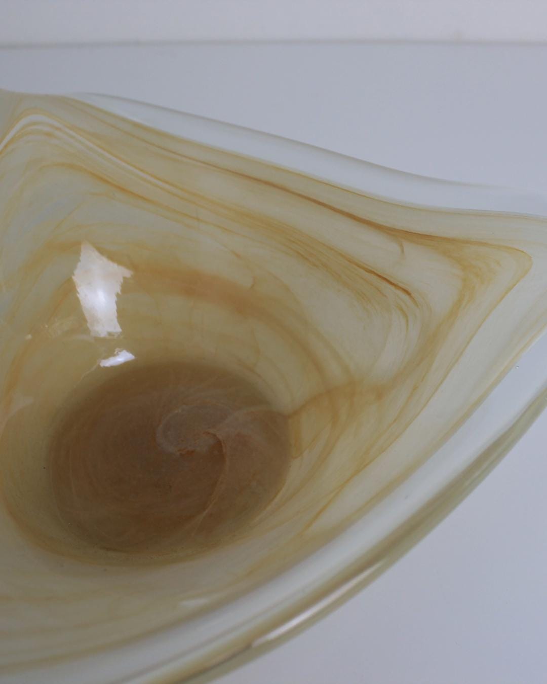 Murano-Style Swirled Glass Triangular Bowl – Amber & White – Mid-Century Modern - The Estate