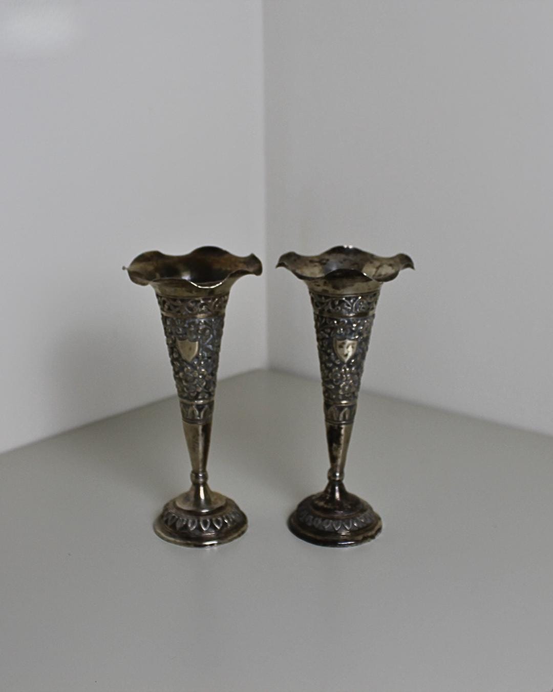 Edwardian-Style Silver-Plated Repoussé Trumpet Bud Vases with Scalloped Rims – Pair, c.1900s - The Estate