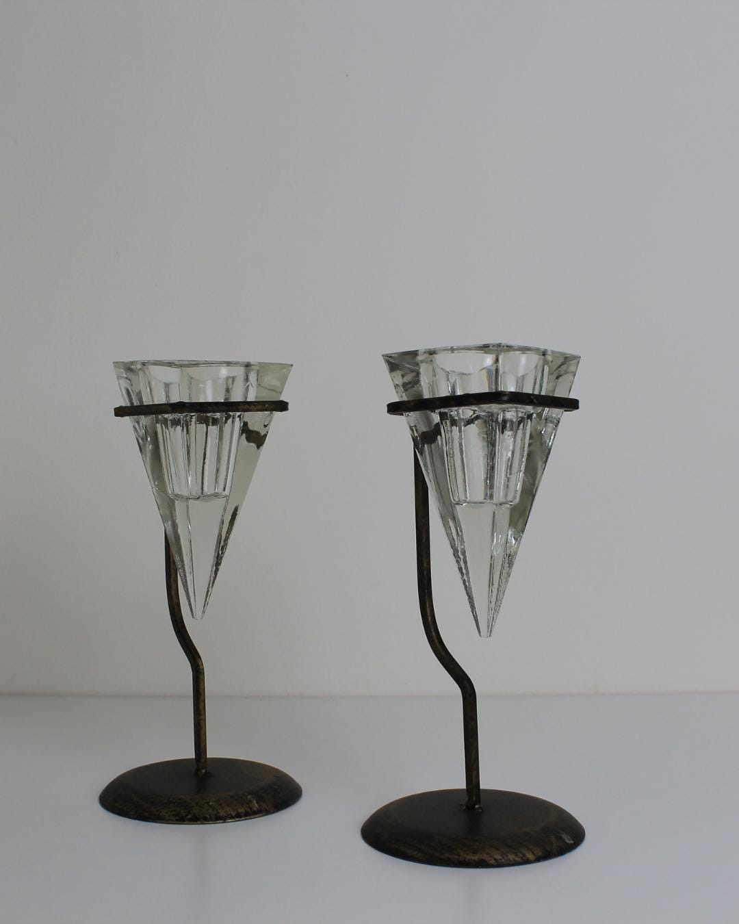 Pair of Conical Glass & Metal Candle Holders – Modernist Geometric Design - The Estate