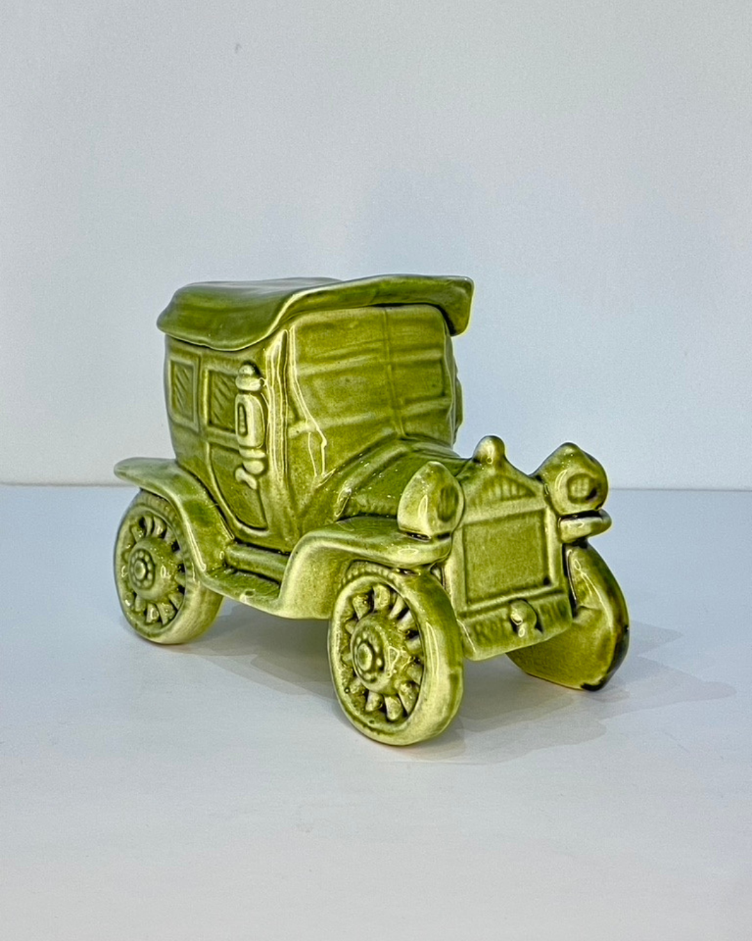 Mid-Century Green Glazed Ceramic Car Ornament, Model T Style, c.1950s - The Estate
