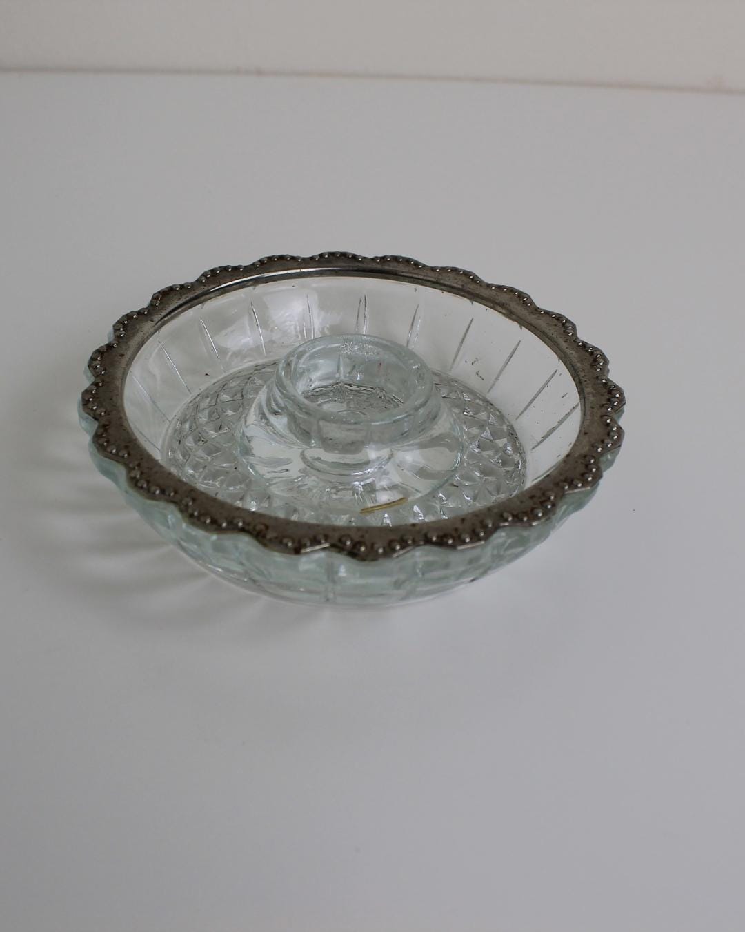 Pressed Glass Candleholder with Scalloped Metal Rim – Mid-Century - The Estate