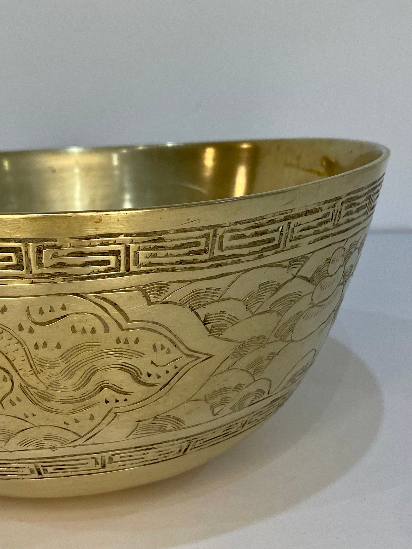Mid-Century Chinese Solid Brass Etched Bowl with Dragon & Phoenix Motif - The Estate