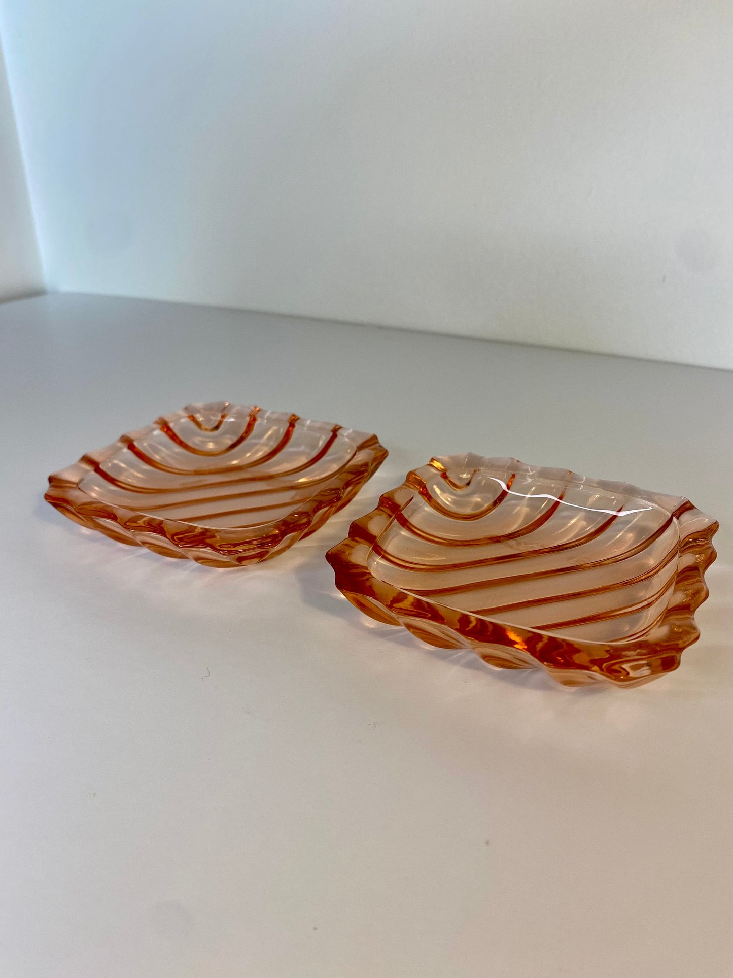 Pair of Pink Pressed Glass Trinket Dishes with Scalloped Edges, Art Deco Style - The Estate