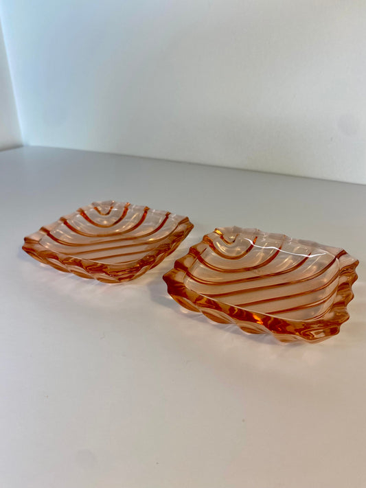 Pair of Pink Pressed Glass Trinket Dishes with Scalloped Edges, Art Deco Style - The Estate