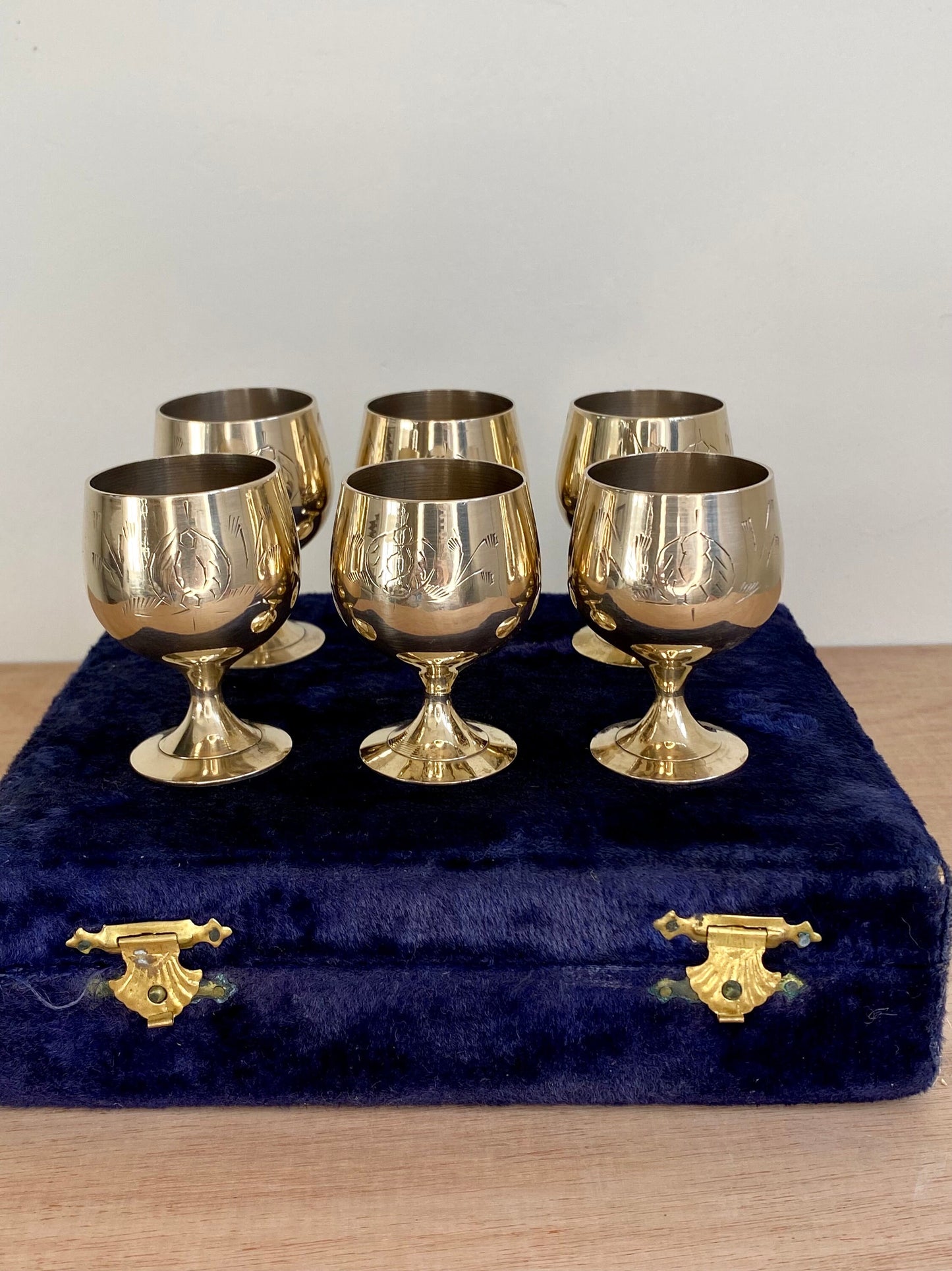 Vintage Brass Goblets (Set of 6) with Velvet Case – Etched Liqueur Cups – Mid-Ce - The Estate