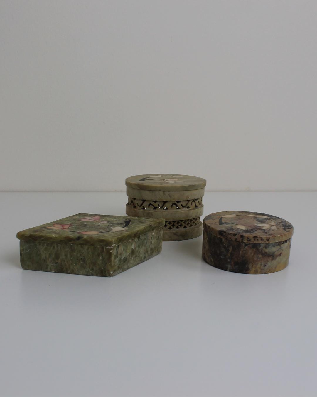 Set of 3 Indian Soapstone Trinket Boxes with Floral Inlay - The Estate